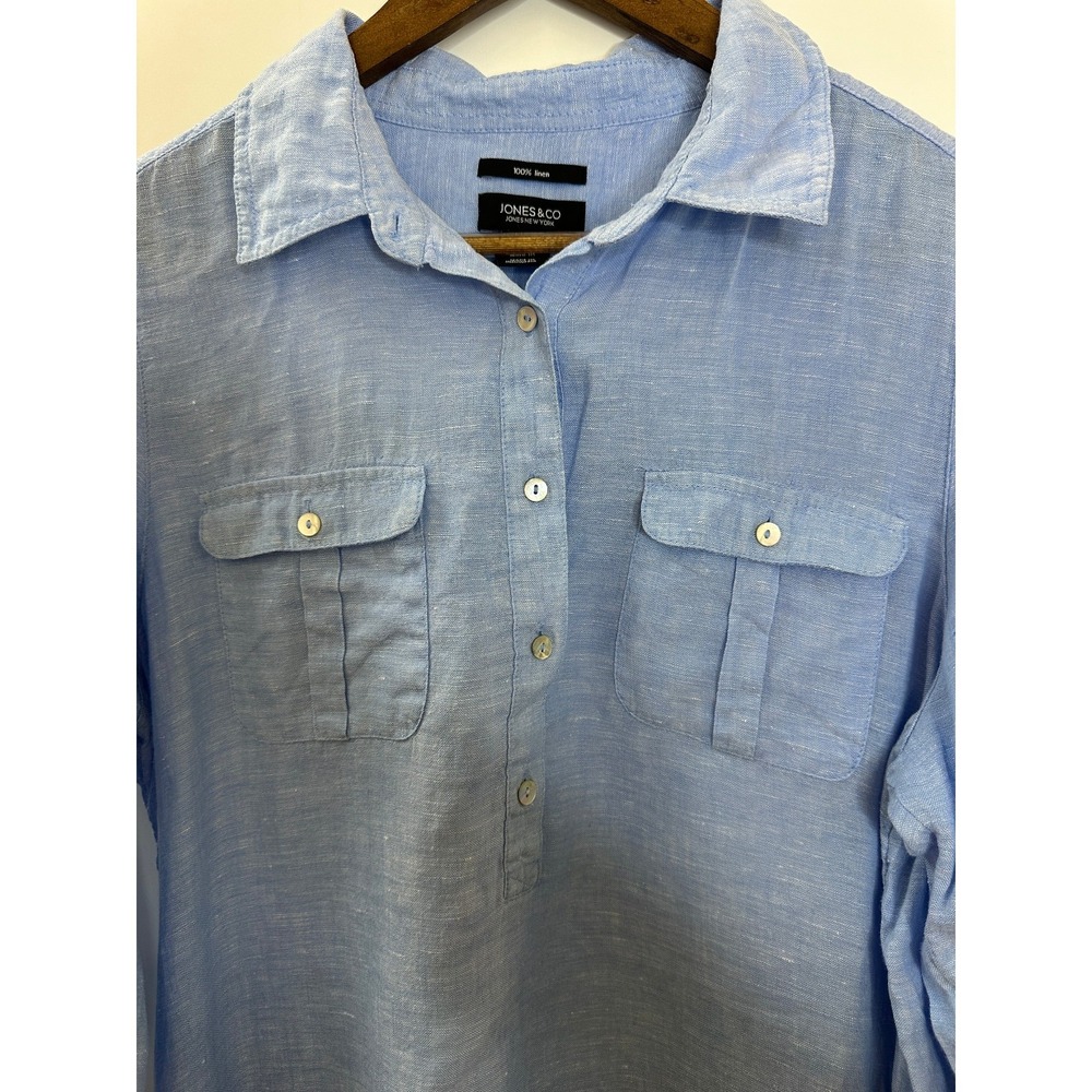 Jones & Co. 100% Linen Half Button Shirt Blue Top Large Resort Coastal *Flawed - Picture 7 of 12